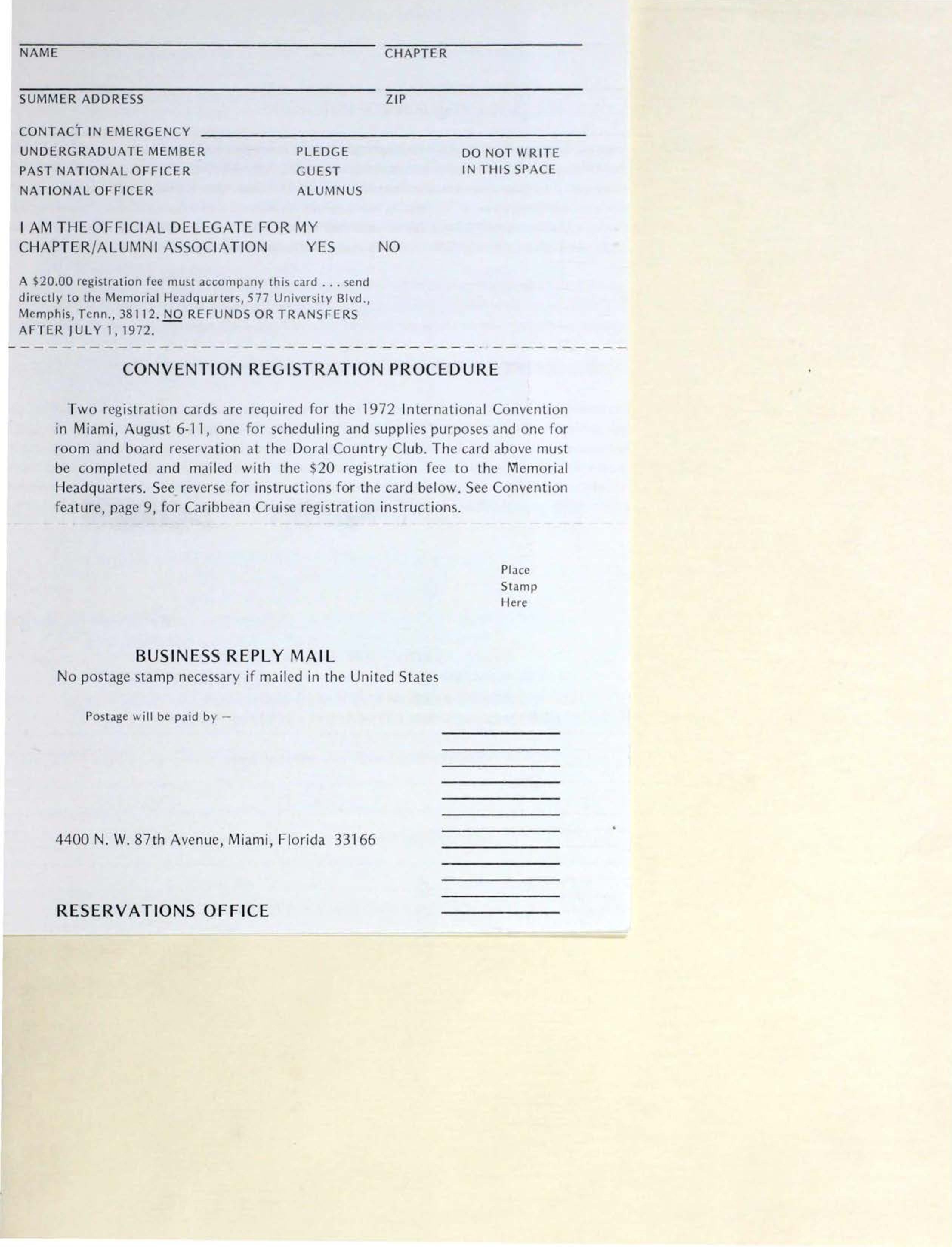 1972 Convention Registration Pi Kappa Alpha Fraternity